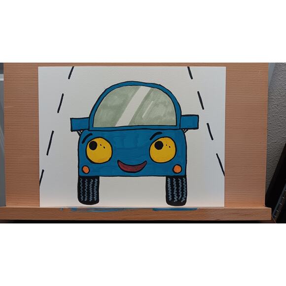 Kawaii Blue Car Driving Original 9x12 Inch OOAK Kids Nursery Acrylic Painting - Picture 2 of 2